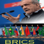 Iranian President Masoud Pezeshkian addressing Leaders of BRICS Nations, urging unity to challenge US and dollar dominance globally.