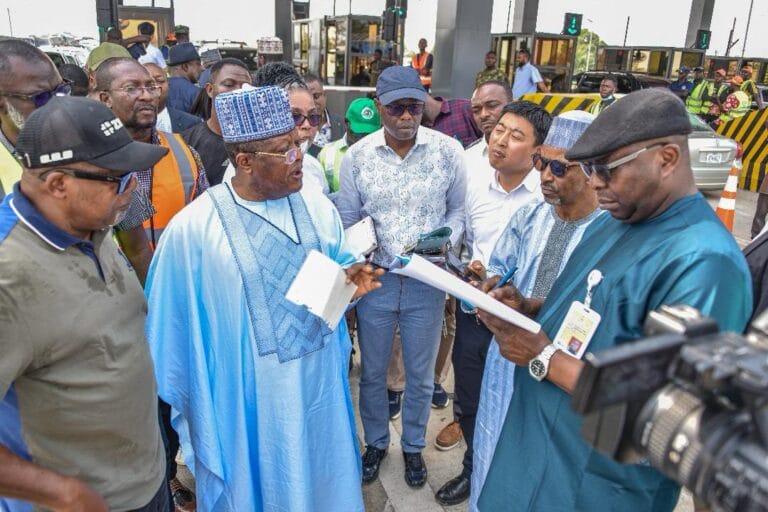 Minister of Works, David Umahi, inspecting Garaku Toll Plaza, directing urgent improvements for smoother traffic flow and efficiency.