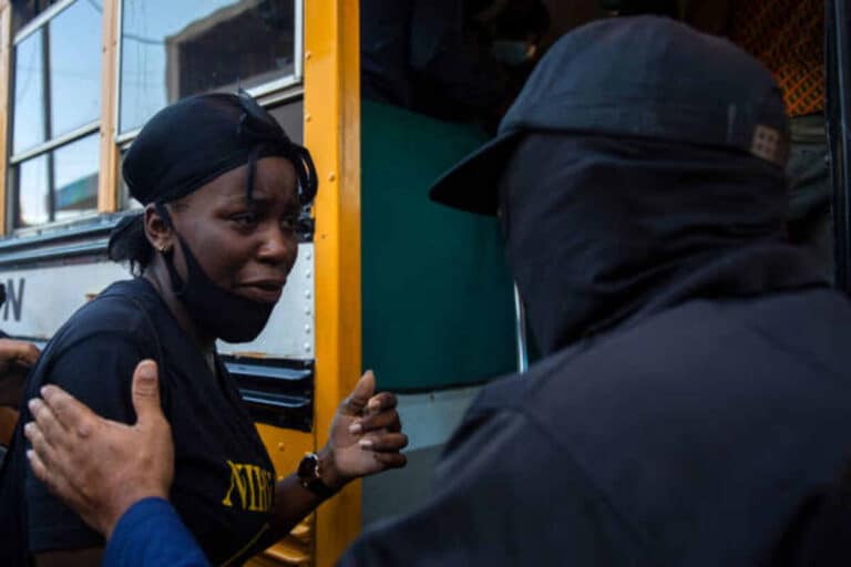 Bus transporting Haitian pregnant women deported from Dominican Republic following immigration checks in public hospitals.