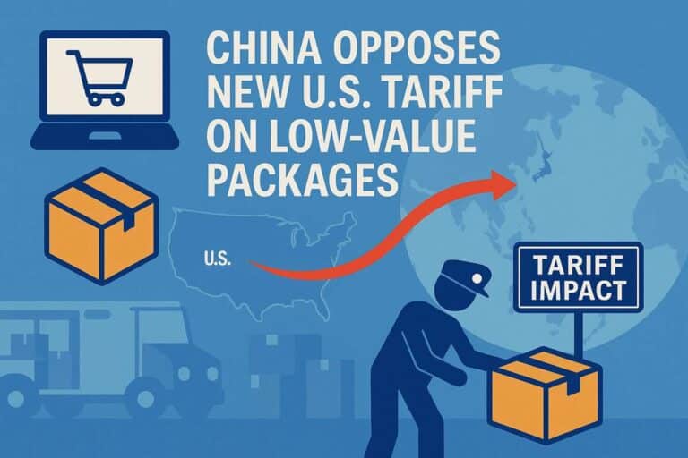 Infographic illustrating China’s opposition to US tariff on low-value packages, with trade flow and customs visuals.