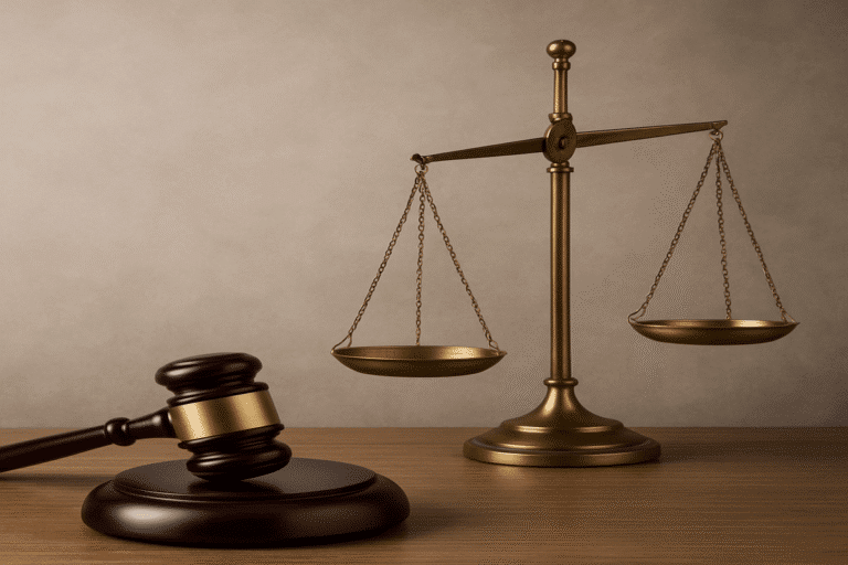 Brass balance scale and judge’s gavel representing justice in Nigeria’s capital punishment law review debate.