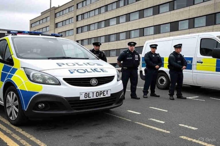 Police car and van outside Queen Elizabeth Hospital during crossbow incident
