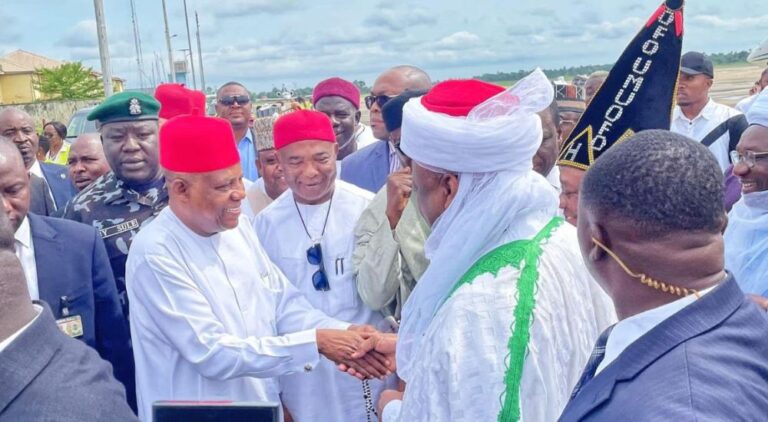 Vice President Shettima and the Sultan of Sokoto arrive in Imo for road projects and pilgrimage airlift.