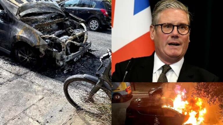 Burned vehicle linked to arson attacks on Keir Starmer's street extinguished by firefighters on 8 May.