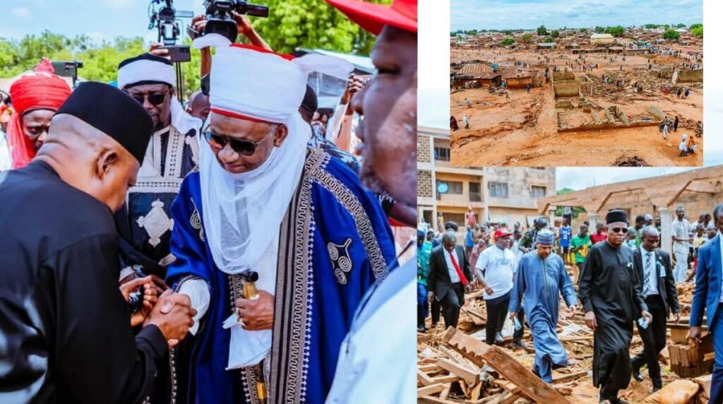 Vice President Kashim Shettima addressing flood-torn Mokwa community leaders after ₦2 billion relief announcement.