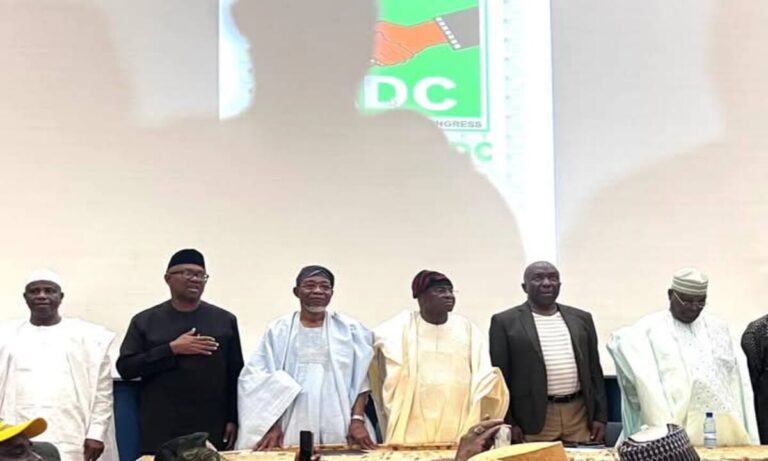 Distinguished Senator David Mark and H.E. Ogbeni Rauf Aregbesola pose as new leaders of the African Democratic Congress for Nigeria’s 2027 General Elections