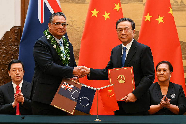 Cook Islands and China officials shake hands after signing strategic agreement focused on development, climate, and blue economy.