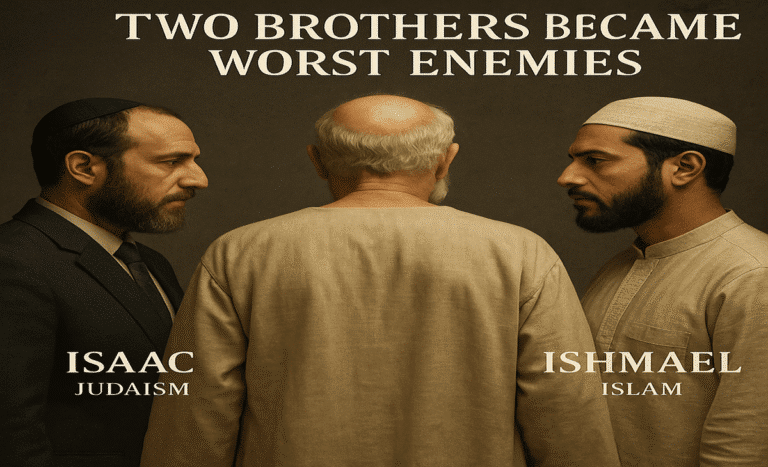 Religious Divide Reexamined: Abraham’s Sons and the Forgotten Family Rift | Epicstorian News Image of Isaac and Ishmael facing off with Abraham turned away, symbolizing religious division and shared heritage