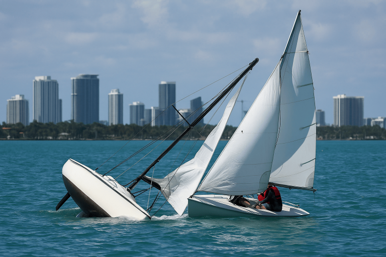 Two sailboats collide near Hibiscus Island in Miami’s Biscayne Bay during a youth sailing activity.
