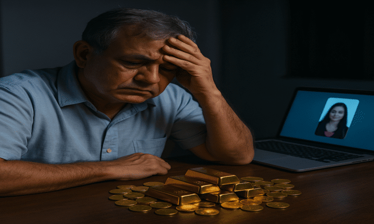 Illustration showing concept of cybercrime in gold trading investment scheme
