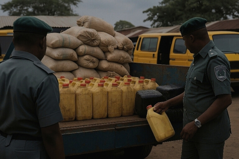 Nigerian Customs officers inspect intercepted smuggled Cannabis, other goods including fuel, and rice at border checkpoints.