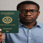 A young African man holding his Nigerian passport, highlighting Nigerian citizenship issues and legal identity