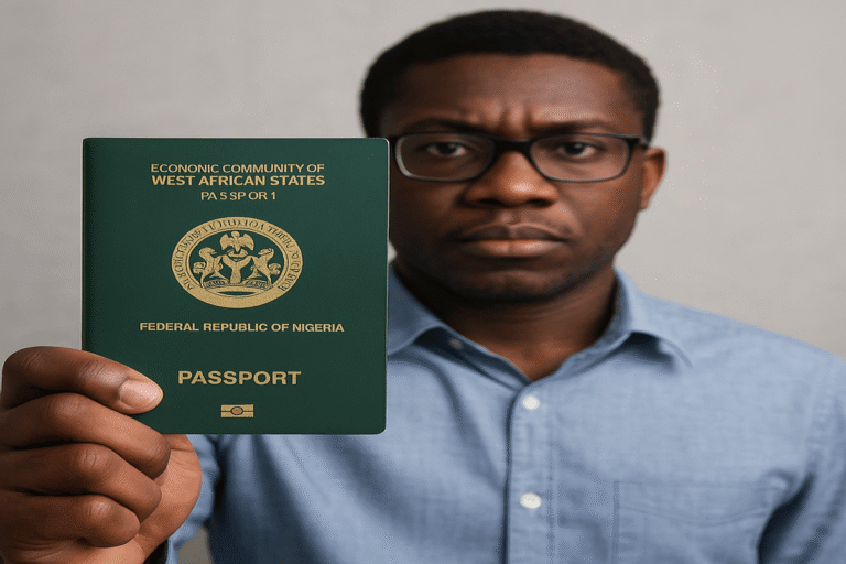 A young African man holding his Nigerian passport, highlighting Nigerian citizenship issues and legal identity