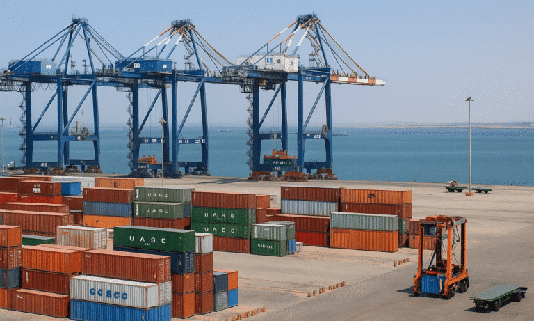 Cargo cranes and stacked containers at Pakistan’s Port Qasim export terminal