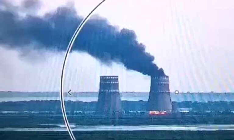 Aerial view of Zaporizhzhia nuclear plant running on emergency diesel generators during total power outage