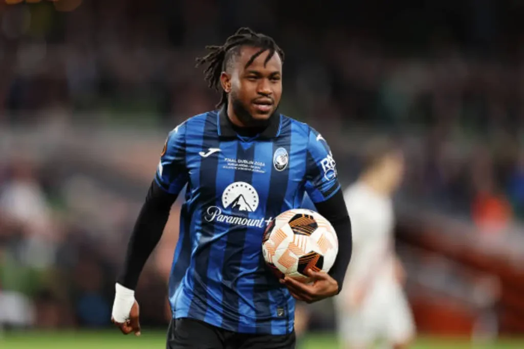 Ademola Lookman during Champions League match amid Ademola Lookman transfer saga involving Atalanta and Inter Milan.