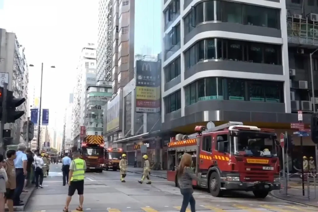 Exterior view of Ko’s House commercial building in Mong Kok after fire was extinguished and Nathan Road closure