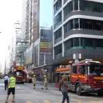 Exterior view of Ko’s House commercial building in Mong Kok after fire was extinguished and Nathan Road closure