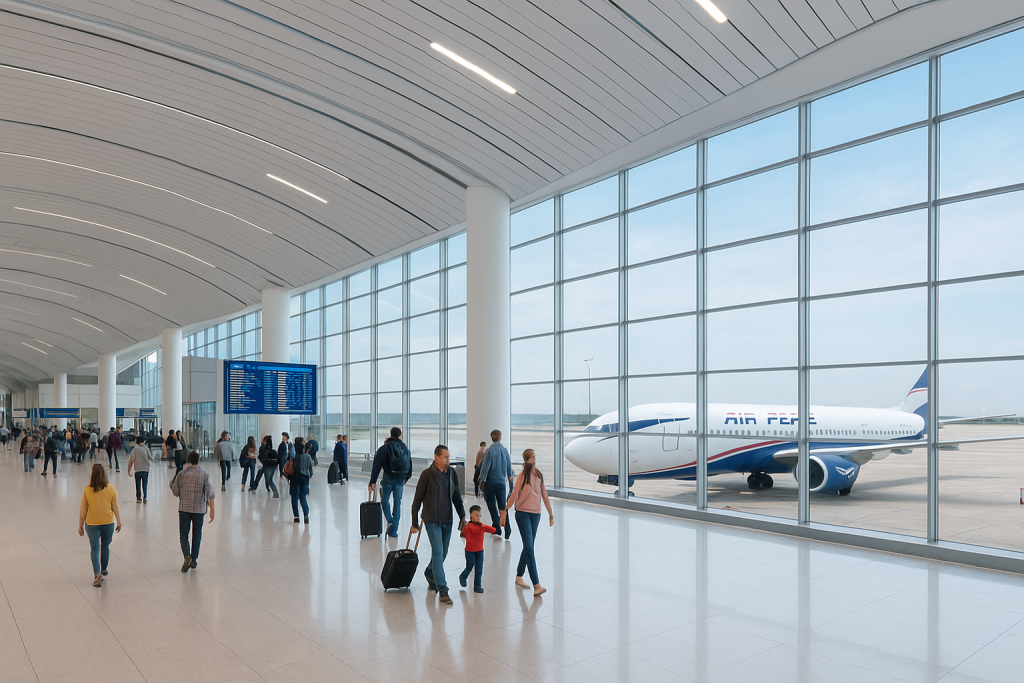 Modern Nigerian airport terminal with commercial aircraft and passengers