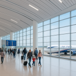 Modern Nigerian airport terminal with commercial aircraft and passengers