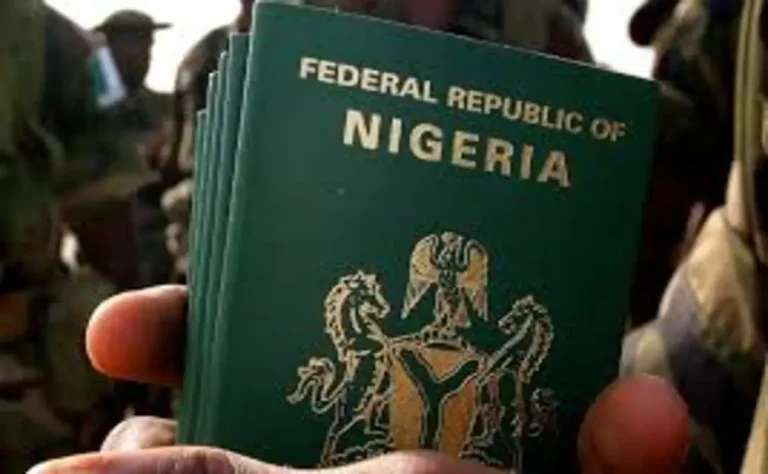 Nigeria passport showing NIS emblem and updated passport fees with official government logo for travelers