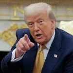 Donald Trump speaks to media following announcement about moving nuclear submarines after Medvedev’s nuclear retaliation comments.