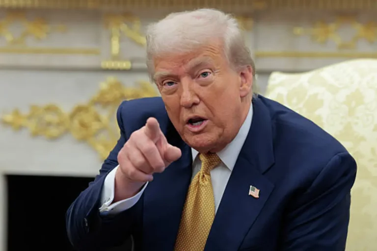 Donald Trump speaks to media following announcement about moving nuclear submarines after Medvedev’s nuclear retaliation comments.