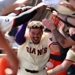 Willy Adames of San Francisco Giants celebrates home run against Chicago Cubs at Oracle Park.