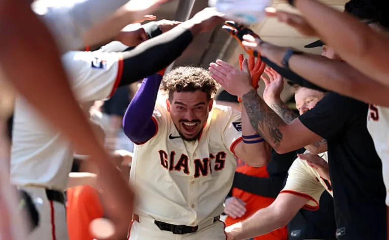 Willy Adames of San Francisco Giants celebrates home run against Chicago Cubs at Oracle Park.