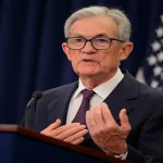 Jerome Powell speaks at Federal Reserve press conference after announcing interest rate cut in Washington, DC.