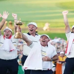 Shane Lowry celebrates Ryder Cup victory after holing decisive putt as Europe defeat United States in Rome.