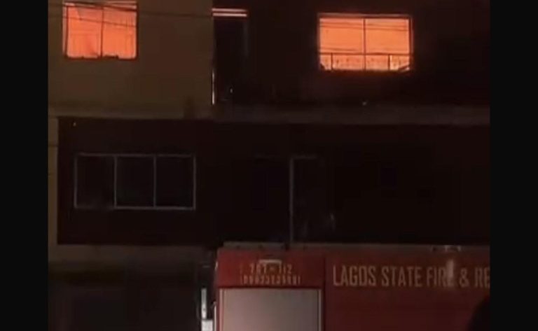 Firefighters battle massive flames at Lagos Alaba Market as traders watch helplessly amid heavy smoke.