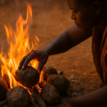 African healer demonstrating fire heat therapy with fire and heated stones as part of traditional wellness practice