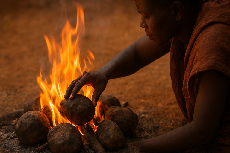 African healer demonstrating fire heat therapy with fire and heated stones as part of traditional wellness practice