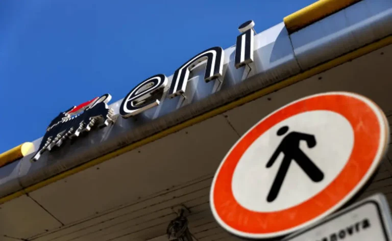 ENI SpA logo at a Rome fueling station, illustrating coverage of the Eni Nigeria case investigation.