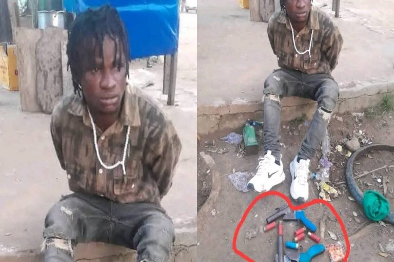 Osun State Police officers display recovered pistols after arresting suspected cultist known as Killer in Osogbo.