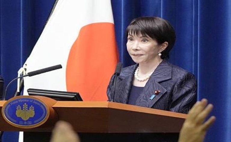 Japan's PM Sanae Takaichi addressing the press in Tokyo outlining economic and foreign policy plans.
