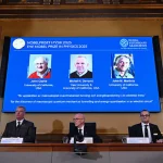 Quantum physics laureates Clarke, Devoret, and Martinis honored for their macroscopic tunnelling discovery in Stockholm, Sweden, on October 7, 2025.