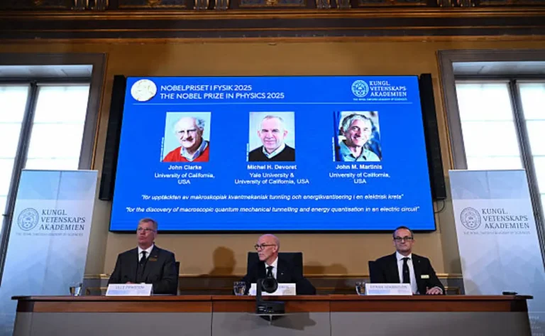 Quantum physics laureates Clarke, Devoret, and Martinis honored for their macroscopic tunnelling discovery in Stockholm, Sweden, on October 7, 2025.