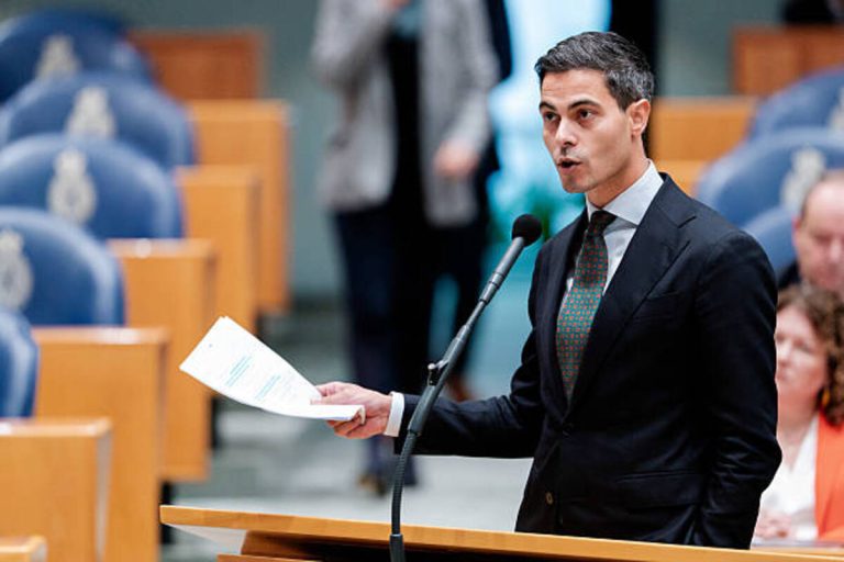 Rob Jetten gestures during Dutch coalition talks debate in Parliament on anti-immigration riots, The Hague, Netherlands