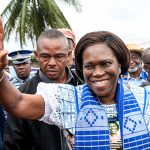 Simone Gbagbo speaks at her presidential campaign launch in Abidjan, marking her return to Ivorian politics.