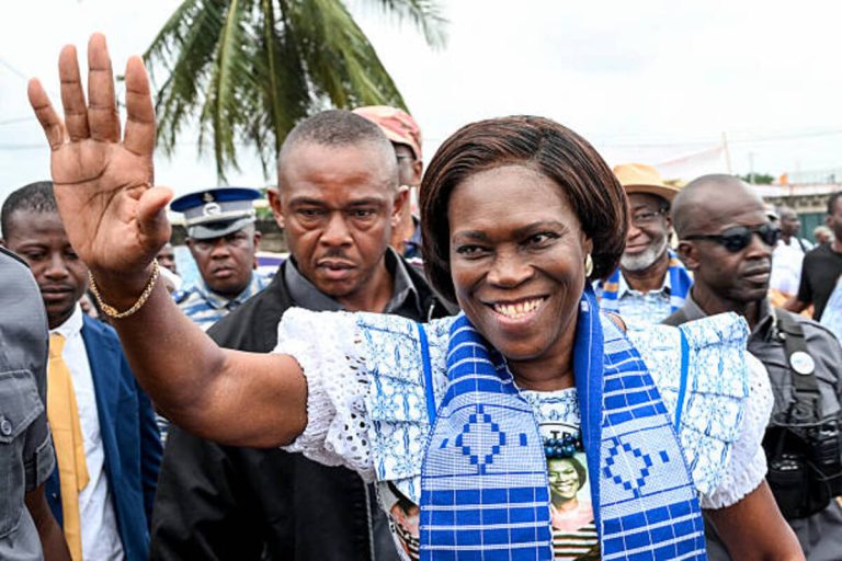 Simone Gbagbo speaks at her presidential campaign launch in Abidjan, marking her return to Ivorian politics.