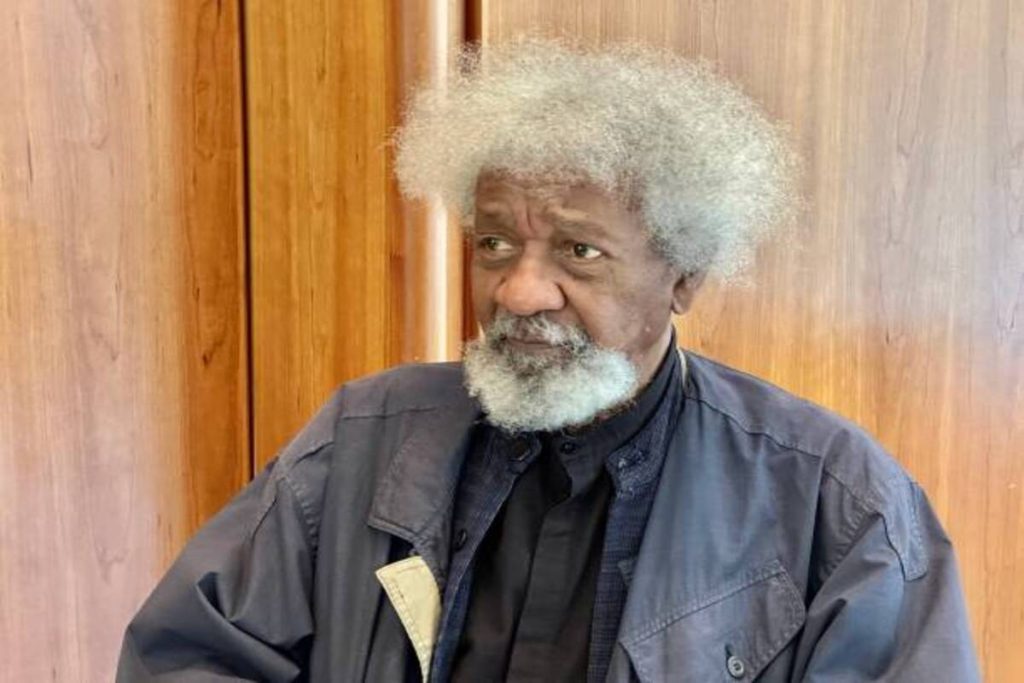 Wole Soyinka addresses reporters in Lagos after disclosing that the United States revoked his non-immigrant visa.