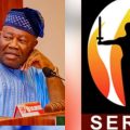 Senate President Akpabio shown beside SERAP logo in symbolic image highlighting lawsuit over National Assembly complex payments.