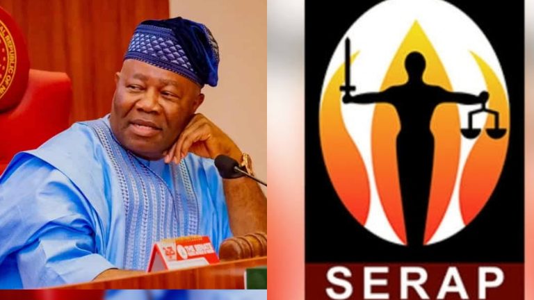 Senate President Akpabio shown beside SERAP logo in symbolic image highlighting lawsuit over National Assembly complex payments.