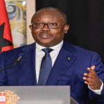 Embalo stands at a podium addressing supporters during the Guinea-Bissau election campaign in the capital Bissau