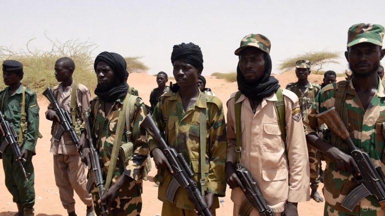 Armed Boko Haram insurgents stand in a line during a field formation in northeastern Nigeria terrain.