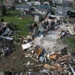 Aerial view showing destroyed homes after the Brazil Tornado hit Rio Bonito do Iguaçu, Paraná State, Brazil.