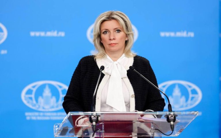 Maria Zakharova at a press briefing condemning IOC accreditation dispute and media exclusion of Russian journalists.