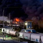 UPS cargo plane crash in Kentucky shows fireball engulfing runway and emergency response teams onsite.